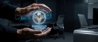 Businessman hands holding glowing conscious choice hologram icon in dark modern office, symbolizing mindful decision making and ethical leadership.