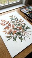 Watercolor botanical illustration of autumn leaves and branches on paper with paint palette and brushes on wooden desk by window for art projects.