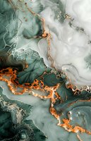 Luxury marble abstract in emerald green and copper tones with flowing liquid effects and metallic veining creates elegant artistic background for design projects.