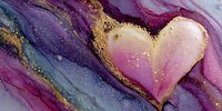 Abstract fluid art with golden heart shape floating on purple and pink marble texture background for romantic designs and Valentine's Day projects.