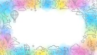 Colorful watercolor frame with hand-drawn doodles including hot air balloons, clouds, stars, houses and whimsical elements on white background.