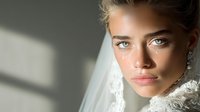 Close-up portrait of a bride with striking blue eyes and delicate lace veil, illuminated by soft natural light creating dramatic shadows on a neutral background.
