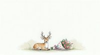 Watercolor deer with antlers resting beside flowering plant arrangement on white background, isolated clipart suitable for nursery decor, greeting cards, and woodland-themed designs.