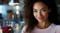 Young mixed-race woman with curly hair smiling while holding glass of infused water with berries in modern kitchen for healthy lifestyle content.