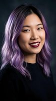 Young Asian woman with vibrant purple ombre hair and dark lipstick smiling confidently against moody background for beauty and fashion concepts.