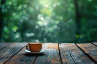 Cup of hot coffee on rustic wooden table outdoors with green bokeh forest background creating peaceful morning atmosphere. Perfect for lifestyle blogs.