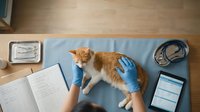 Veterinarian in blue gloves examining ginger and white cat on examination table with medical clipboard and stethoscope during checkup appointment.
