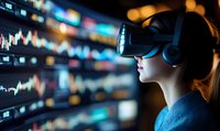 Young Asian woman wearing VR headset viewing financial market data and stock charts in virtual reality environment against blurred trading screens background.