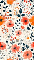Elegant floral seamless pattern with coral and orange wildflowers, navy blue leaves, and delicate berries perfect for fabric, wallpaper, and surface design projects on light cream background.