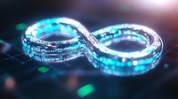 Glowing infinity symbol in neon blue and turquoise colors with digital circuit pattern and bokeh light effects on dark background, representing endless technology concept.