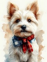 Adorable Yorkshire terrier puppy wearing plaid bow tie and scarf against watercolor background, soft artistic portrait style with detailed fur texture and expressive eyes.