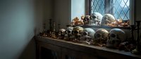 Collection of human skulls and bones displayed on wooden shelves near gothic window for medical education, anatomy study, archaeological research purposes.