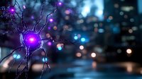 Glowing purple neuron with dendrites on dark background with blue bokeh lights, scientific visualization showing neural network activity and synaptic connections.