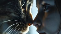 Close-up side view of young Asian woman and cat nose to nose in intimate bonding moment with dramatic lighting and shallow depth of field creating tender mood.