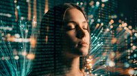 Young woman with closed eyes surrounded by glowing digital data streams and binary code overlay representing artificial intelligence and technology integration.