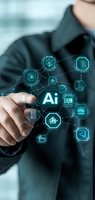 Business professional touching futuristic holographic AI interface with connected digital icons, representing artificial intelligence technology in corporate environment.