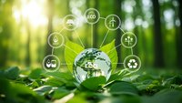 Green globe with environmental icons on leaf in forest representing sustainable ecology and renewable energy solutions for earth protection.