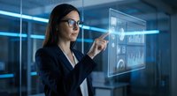 Professional businesswoman with glasses interacting with futuristic holographic interface displaying data analytics and charts in modern office environment.