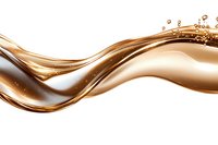Flowing golden liquid wave with droplets on white background, abstract dynamic motion of metallic fluid splash, luxury design element for cosmetics packaging.