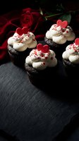 Chocolate cupcakes with white frosting and red heart decorations on dark slate surface with roses for romantic celebration and Valentine's Day dessert.
