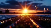 Dramatic sunset over solar panel field with wind turbines on horizon, orange sun rays reflecting off photovoltaic cells creating perspective lines into distance.