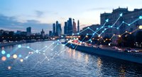 Modern city skyline at dusk with digital network connections and data visualization overlay representing smart city technology and urban connectivity solutions.