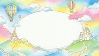 Watercolor fairy tale landscape with castles, hot air balloons and rainbow sky featuring blank oval space for text or design elements.