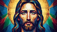 Stained glass style portrait of Jesus Christ with halo and radiant light beams in vibrant colors for religious art and spiritual design projects.