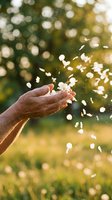 Hand releasing white flower petals in golden sunlight with bokeh background creating magical moment of letting go and freedom in nature.