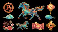 Lunar new year horse with decorative elements isolated on transparent background, ready for t-shirt design, clipart, stickers, sublimation and print-on-demand projects.