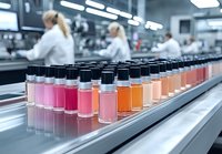 Colorful cosmetic bottles on production line with female workers in white coats operating manufacturing equipment in modern pharmaceutical facility.