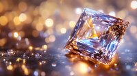 Square cut diamond on reflective surface with golden bokeh lights creating magical atmosphere. Luxury jewelry concept with sparkling gemstone and warm glowing background.
