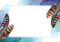 Watercolor feathers frame isolated white space on blue and turquoise wash background, ready for text, quotes, invitations, greeting cards, social media posts, and design projects.