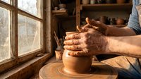 Skilled potter shaping clay on a spinning wheel in a rustic workshop with warm natural light and shelves of ceramics in background.
