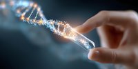 Magical glowing DNA strand emerging from finger touch in dark background with sparkles and light effects, representing genetic research and biotechnology advancement.