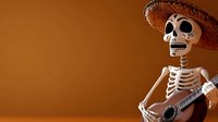 Skeleton musician wearing sombrero playing acoustic guitar against orange background for Day of the Dead celebration and Mexican cultural festivities.