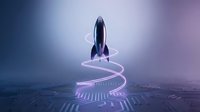 Rocket launching upward with glowing neon spiral trail against blurred cityscape, representing innovation, technology growth, and startup success for business concepts.