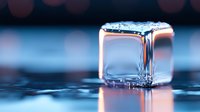 Melting ice cube with water droplets on reflective surface in cool blue and pink tones, macro photography showing transparent crystal structure and liquid reflection.