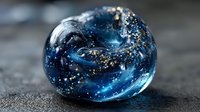 Cosmic galaxy glass marble with swirling blue nebula and gold glitter particles on dark textured surface.