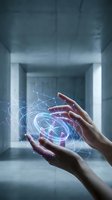 Hands holding glowing digital sphere with network connections in modern architectural space for technology and innovation concepts.
