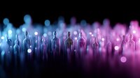 Silhouettes of people standing in crowd with colorful blue and pink bokeh lights creating atmospheric background for business presentations.