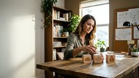 Young woman with long brown hair and light skin tone, wearing casual olive-green shirt, sitting at wooden desk in home office, arranging small potted plants and wooden blocks, surrounded by shelves with books and greenery, natural window light.