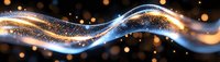 Glowing wave of golden and blue light particles flowing on dark background with sparkling bokeh effect and magical sparkles. For festive designs.