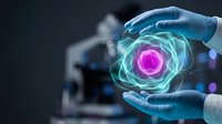 Scientist hands in blue gloves holding glowing energy sphere with pink core in laboratory setting for research and innovation concepts.