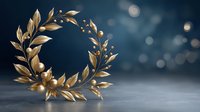 Elegant golden laurel wreath with shimmering berries against dark blue bokeh background, creating luxurious festive atmosphere for award ceremonies.