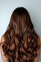 Back view of woman with long wavy brunette hair featuring caramel highlights against neutral background, showcasing modern salon styling.