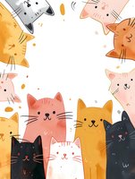 Playful cartoon cats in pink, orange, black, and white colors arranged in circular composition on white background, watercolor style with splatter effects.