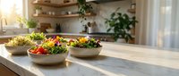 Fresh colorful salad bowls on modern kitchen counter with natural sunlight streaming through window creating warm atmosphere for healthy eating lifestyle.