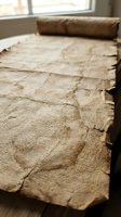 Ancient weathered parchment scroll with torn edges and aged texture on wooden surface near window for historical documents and vintage design projects.