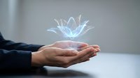 Businesswoman hands presenting holographic lotus flower symbol representing mindfulness, wellness and spiritual growth in modern office environment.